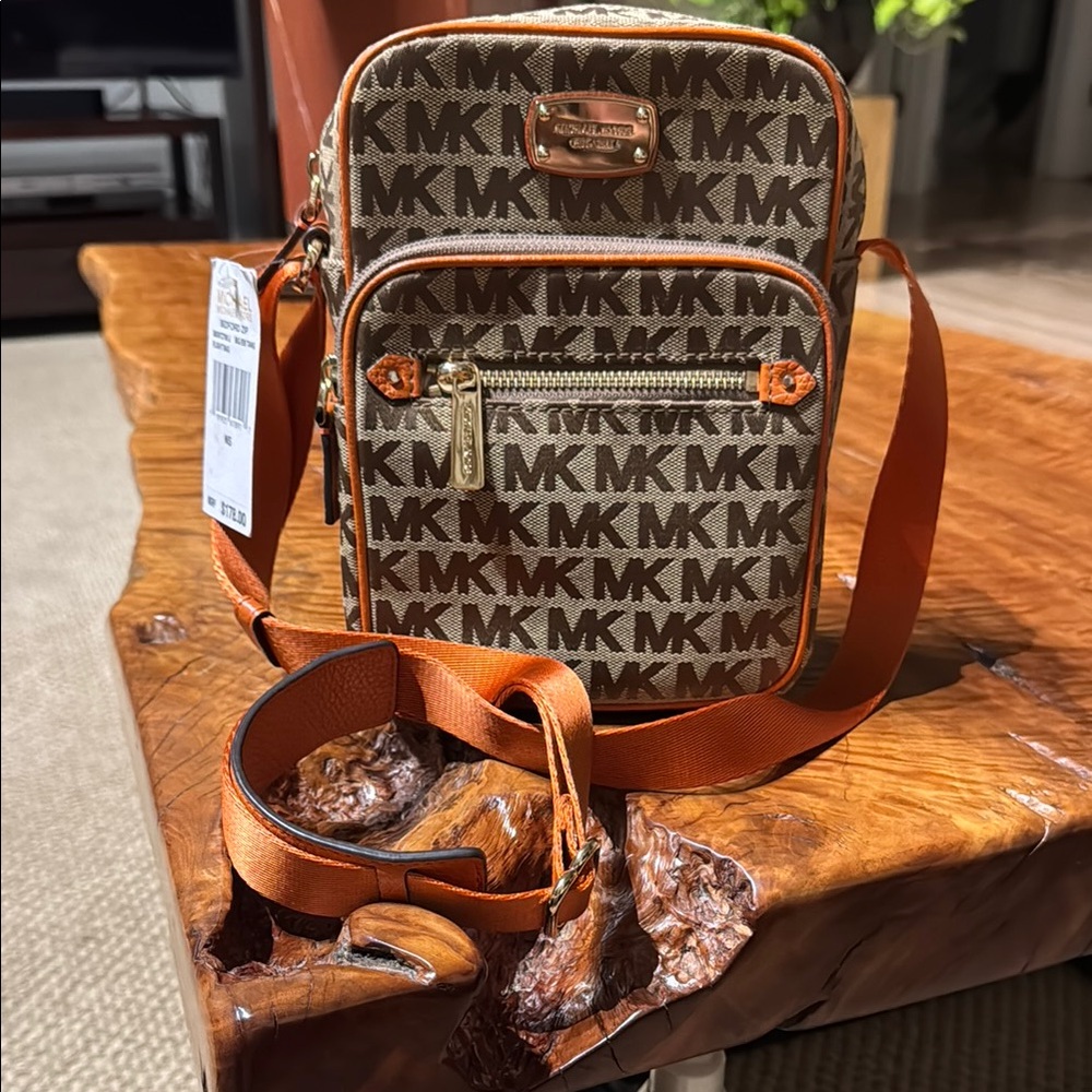 Michael Kors Brown and Orange BEDFORD ZIP monogram bag